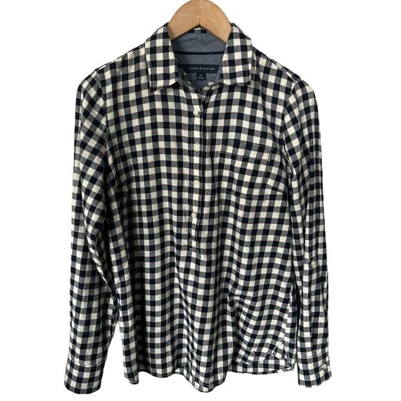 Tommy Hilfiger Navy Check Flannel Popover Top Small - Picture 1 of 4